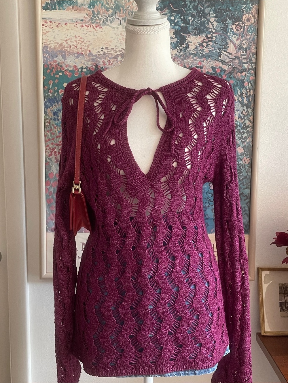 Ann Taylor Loft Sweater Small Purple Crochet Knit Tie Front Boho Fairycore Y2K